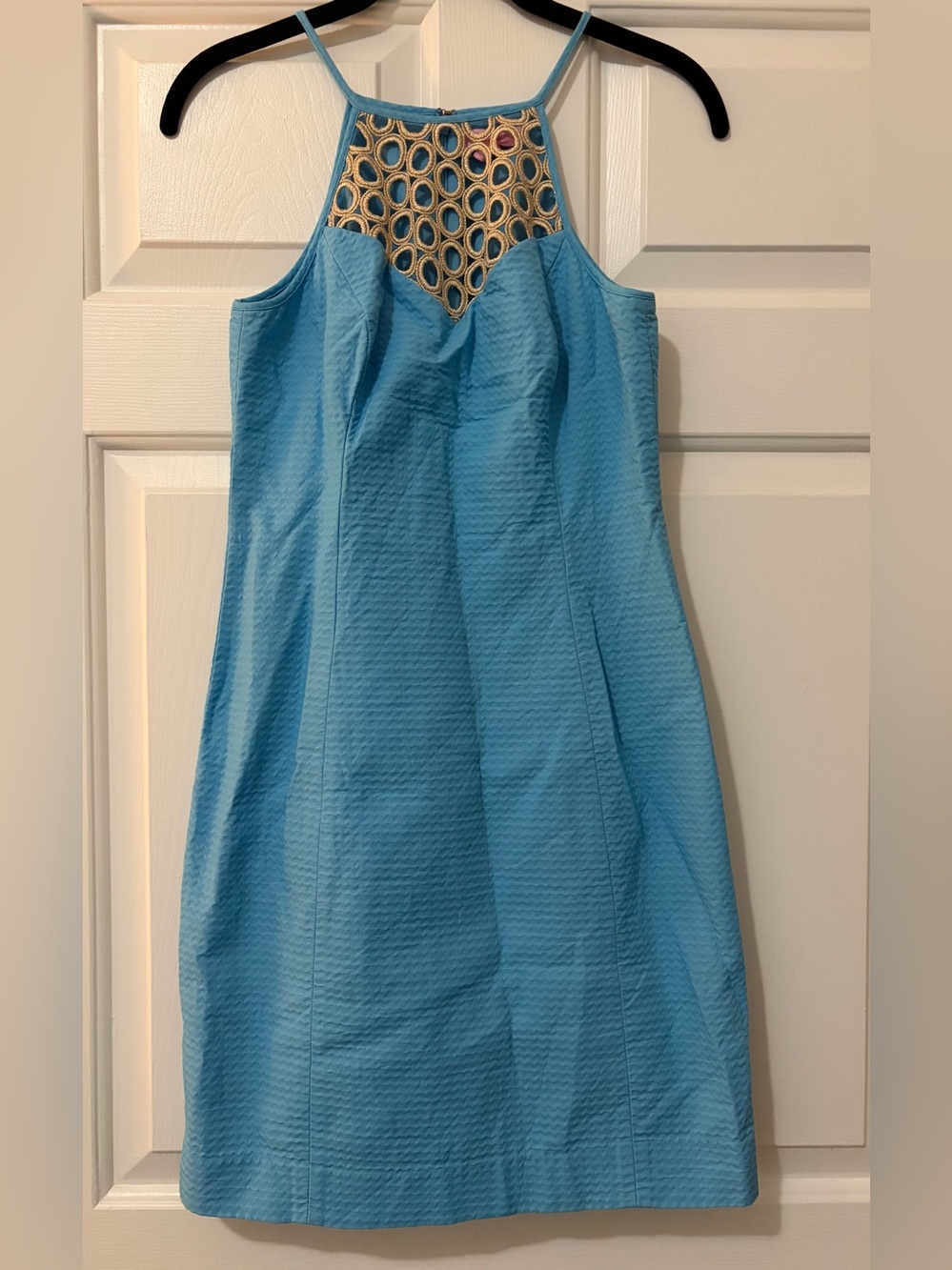 NWOT Lilly Pulitzer Larina Shift Mini Dress in Seaspray Blue & Gold
